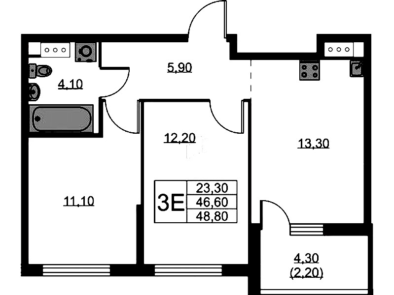 2-комнатная квартира 48.8 м², 10/11 эт., ЖК «А101 Лаголово»